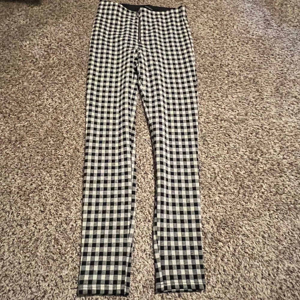 Zara Black White Gingham High Waisted O-Ring Zipper Leggings Pants Womens Size M